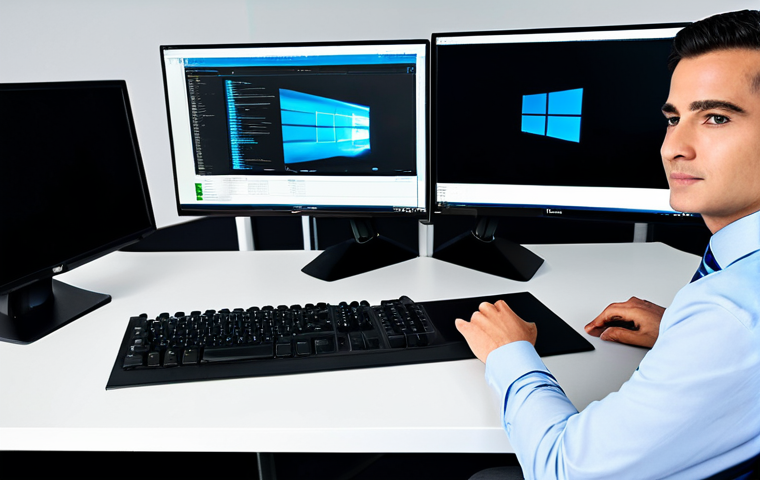 A professional in a modest business shirt and trousers, seated at a sleek, minimalist desk. On the desk, a high-performance desktop PC setup features two large monitors, each clearly displaying a distinct operating system interface, such as Windows on one and a Linux distribution on the other, subtly highlighting seamless multi-boot functionality. The individual is engaged with the screens, emphasizing the efficiency and technological capability. The background is a modern, clean office space bathed in natural light. fully clothed, appropriate attire, safe for work, professional, perfect anatomy, correct proportions, natural pose, well-formed hands, proper finger count, natural body proportions, high quality, studio lighting, sharp focus.