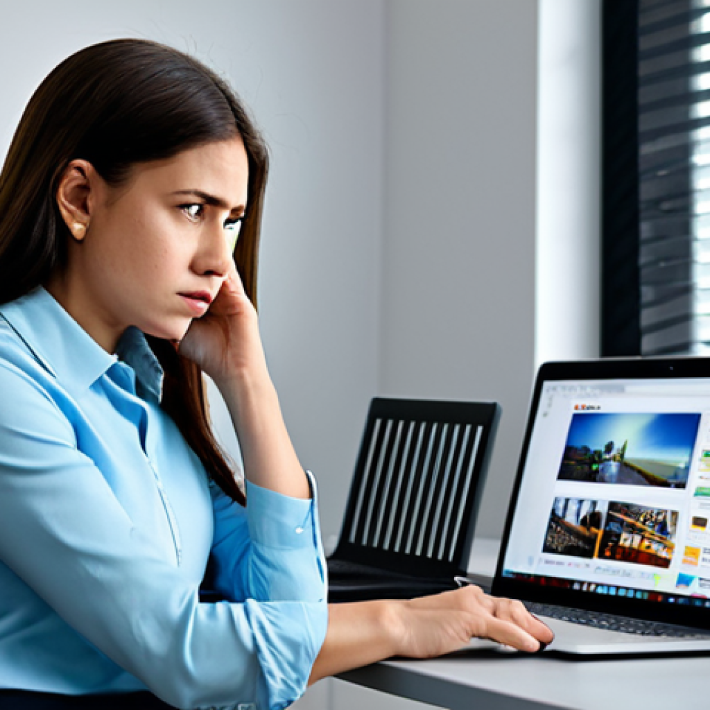 A frustrated professional woman, fully clothed in a modest business casual outfit, sits at a desk in a cluttered home office. She stares intensely at her laptop screen, which displays a buffering video icon and numerous intrusive pop-up advertisements. One hand is near her temple, indicating stress. The background subtly hints at digital instability, perhaps with abstract, slow-moving data streams or fragmented light patterns. Soft, natural lighting. Professional photography style. safe for work, appropriate content, fully clothed, modest clothing, appropriate attire, professional dress, perfect anatomy, correct proportions, natural pose, well-formed hands, proper finger count, natural body proportions, family-friendly.
