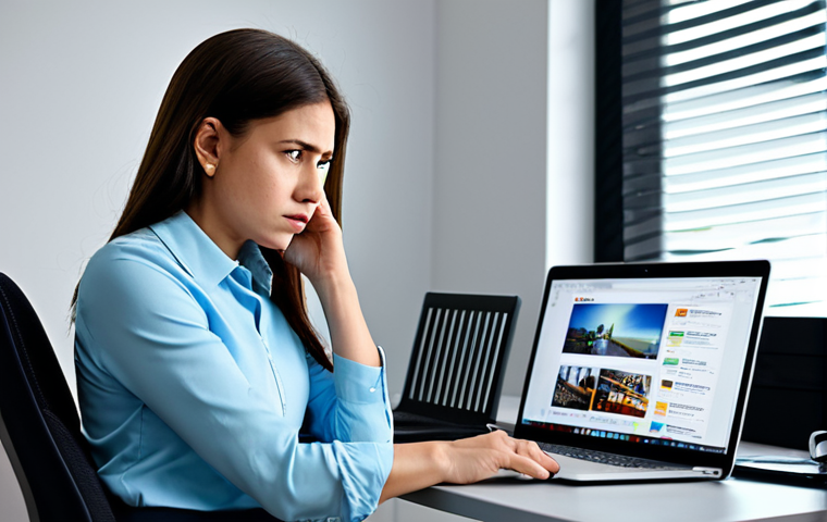 A frustrated professional woman, fully clothed in a modest business casual outfit, sits at a desk in a cluttered home office. She stares intensely at her laptop screen, which displays a buffering video icon and numerous intrusive pop-up advertisements. One hand is near her temple, indicating stress. The background subtly hints at digital instability, perhaps with abstract, slow-moving data streams or fragmented light patterns. Soft, natural lighting. Professional photography style. safe for work, appropriate content, fully clothed, modest clothing, appropriate attire, professional dress, perfect anatomy, correct proportions, natural pose, well-formed hands, proper finger count, natural body proportions, family-friendly.