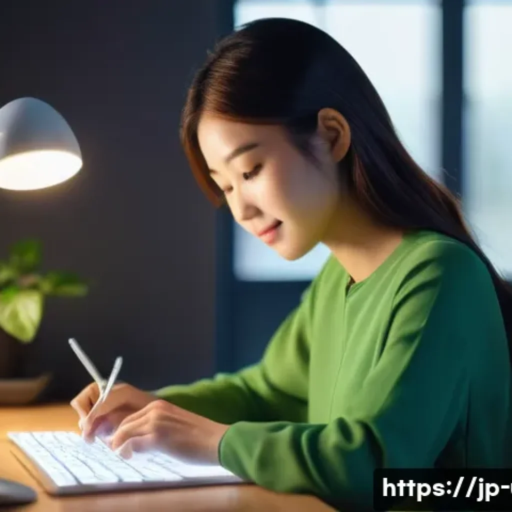 자동화 스크립트 생성 프로그램 - **Prompt:** A young Japanese woman, mid-20s, with a gentle smile, sits comfortably at a modern, mini...