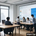 텍스트 비교 소프트웨어 추천 - A modern office setting with a diverse group of Japanese professionals collaborating around a large ...