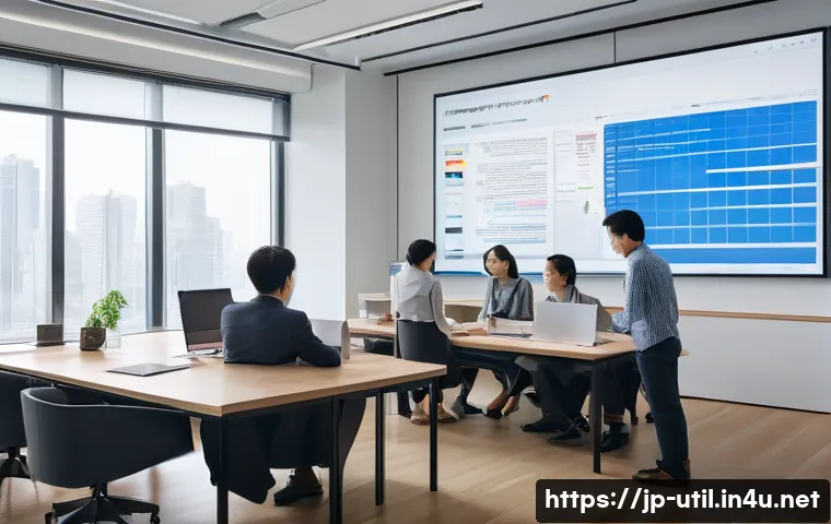 텍스트 비교 소프트웨어 추천 - A modern office setting with a diverse group of Japanese professionals collaborating around a large ...