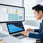 포트 스캐너 소프트웨어 비교 - A modern office setting with a professional network administrator using a sleek laptop displaying a ...