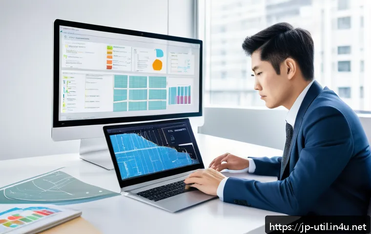 포트 스캐너 소프트웨어 비교 - A modern office setting with a professional network administrator using a sleek laptop displaying a ...