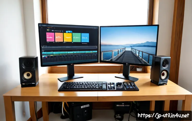 화면 녹화와 스트리밍 소프트웨어 비교 - Photorealistic home office comparison scene, a Japanese content creator viewed from behind at a clea...