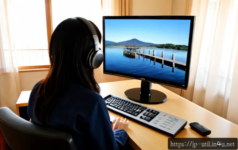 동영상 플레이어 소프트웨어 추천 - Photorealistic modern Japanese home office, a middle-aged woman comfortably watching a vibrant natur...